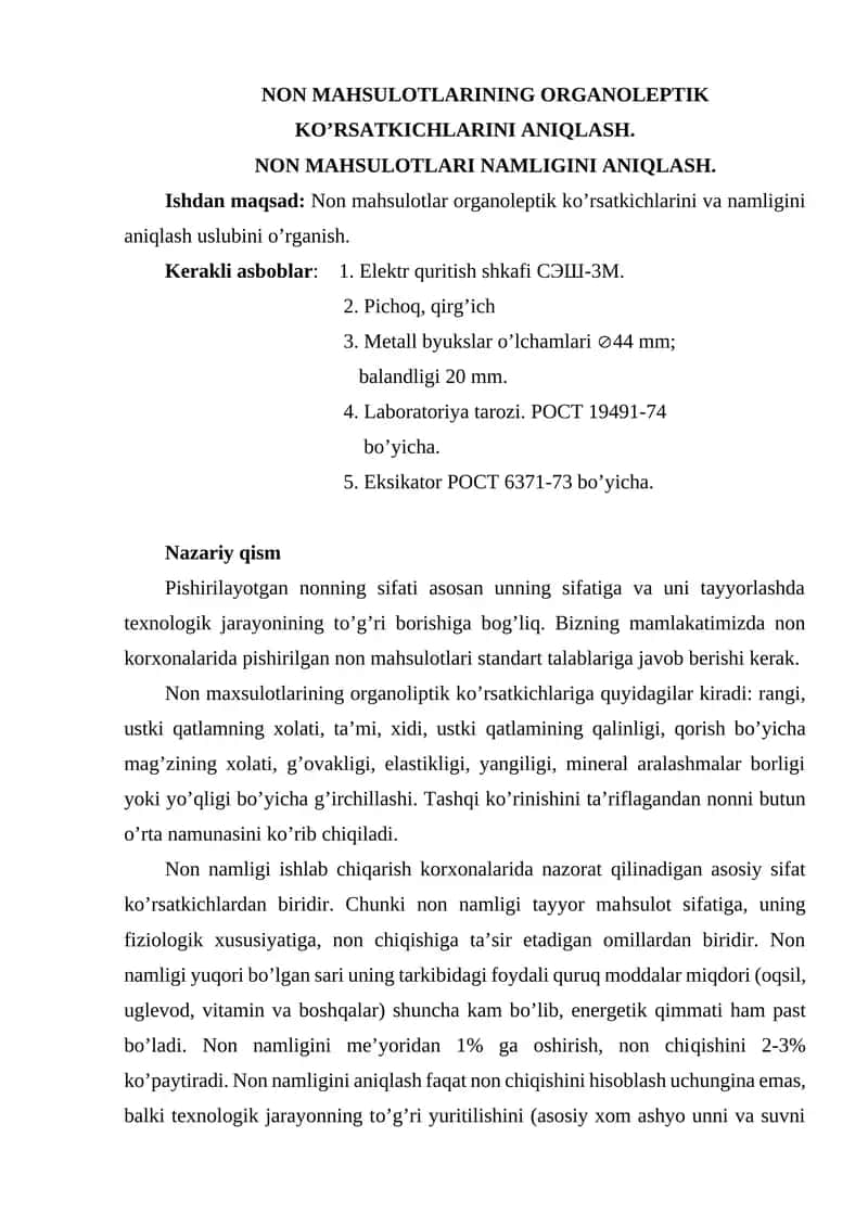 NON MAHSULOTLARINING ORGANOLEPTIK KO’RSATKICHLARINI ANIQLASH