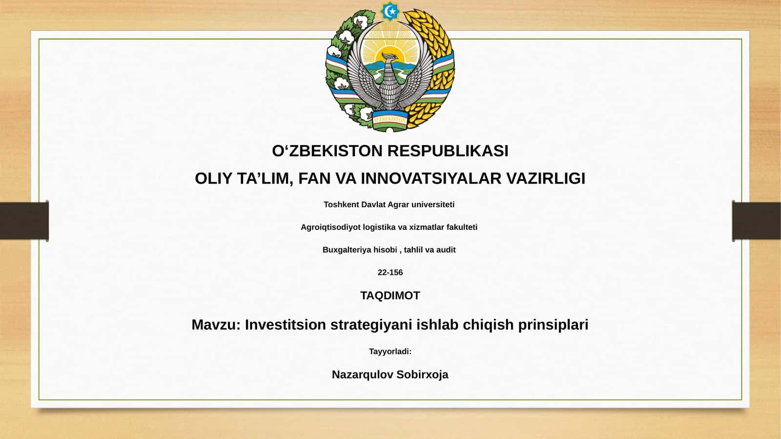 Investitsion strategiyani ishlab chiqish prinsiplari