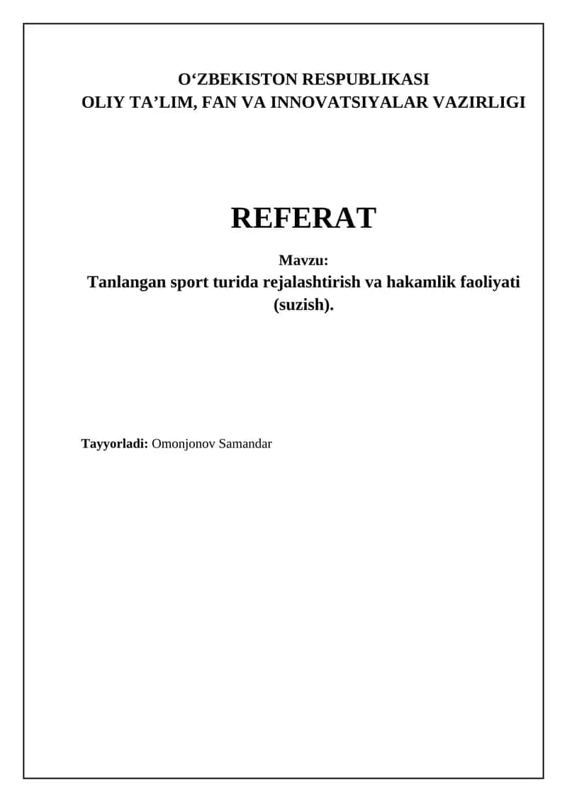 Tanlangan sport turida rejalashtirish va hakamlik faoliyati (suzish)