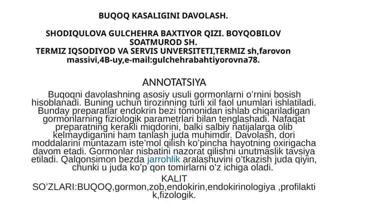 ShODIQULOVA GULCHEHRA BAXTIYOR QIZI