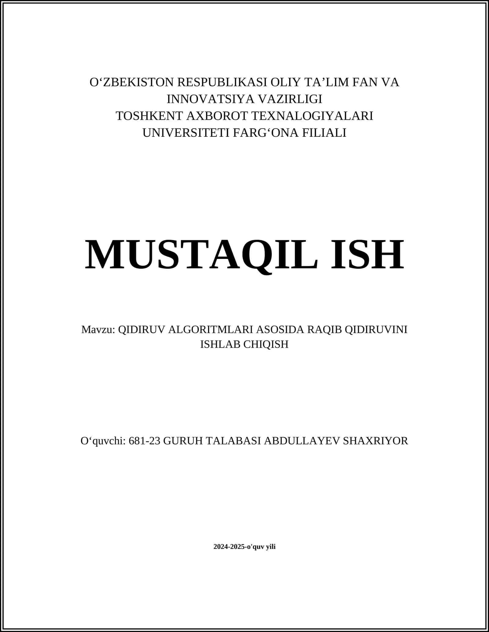 QIDIRUV ALGORITMLARI ASOSIDA RAQIB QIDIRUVINI ISHLAB CHIQISH