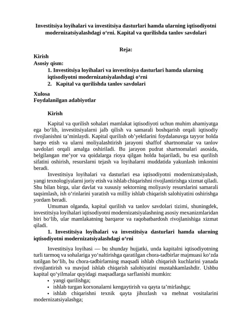 Investitsiya loyihalari va investitsiya dasturlari