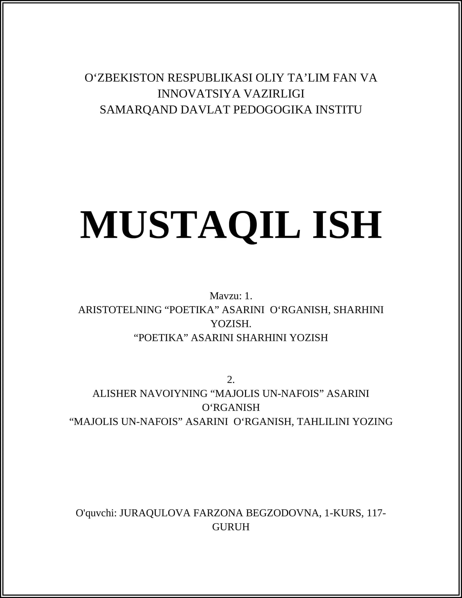 ARISTOTELNING “POETIKA” ASARINI O‘RGANISH, SHARHINI YOZISH