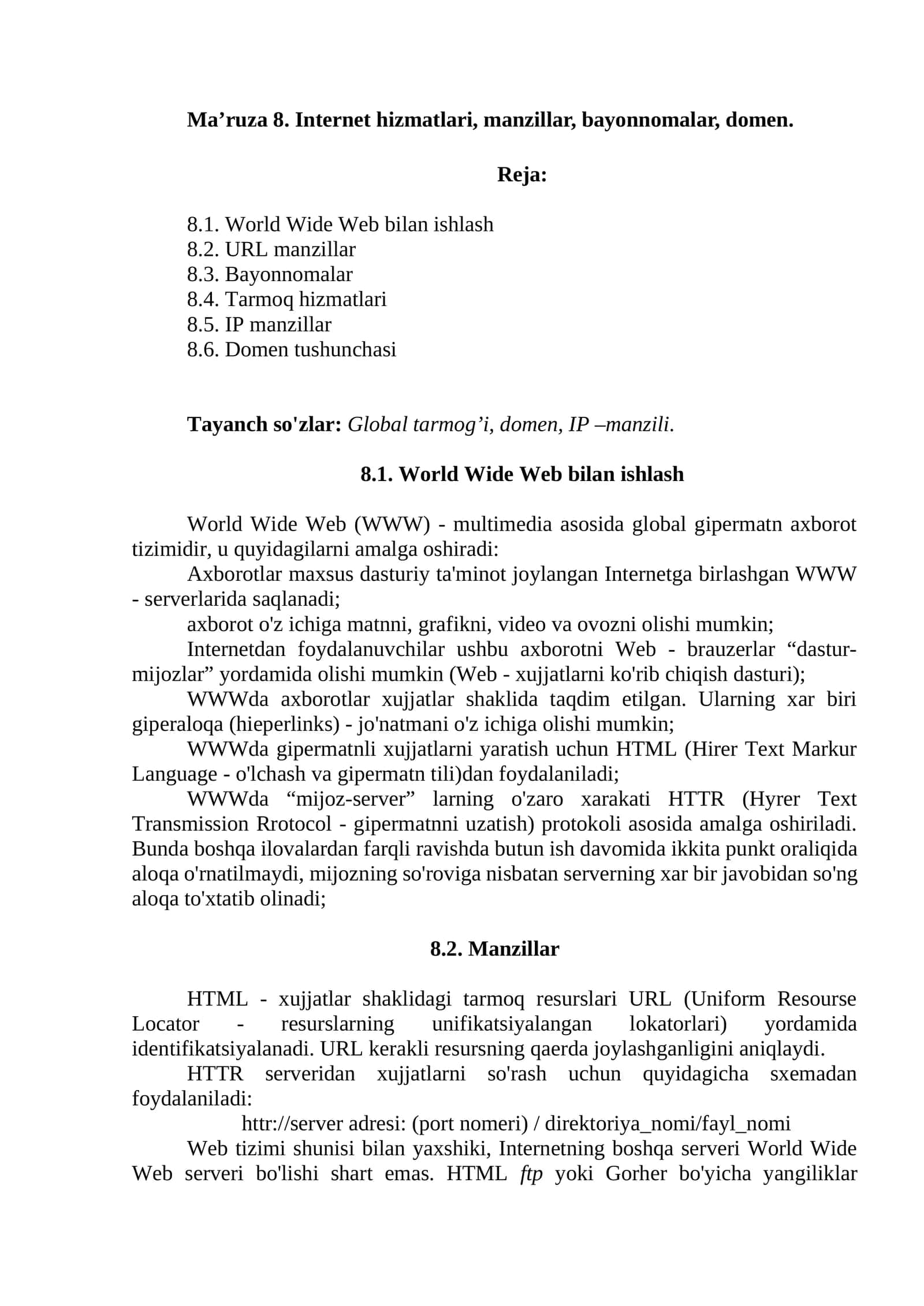 World Wide Web bilan ishlash