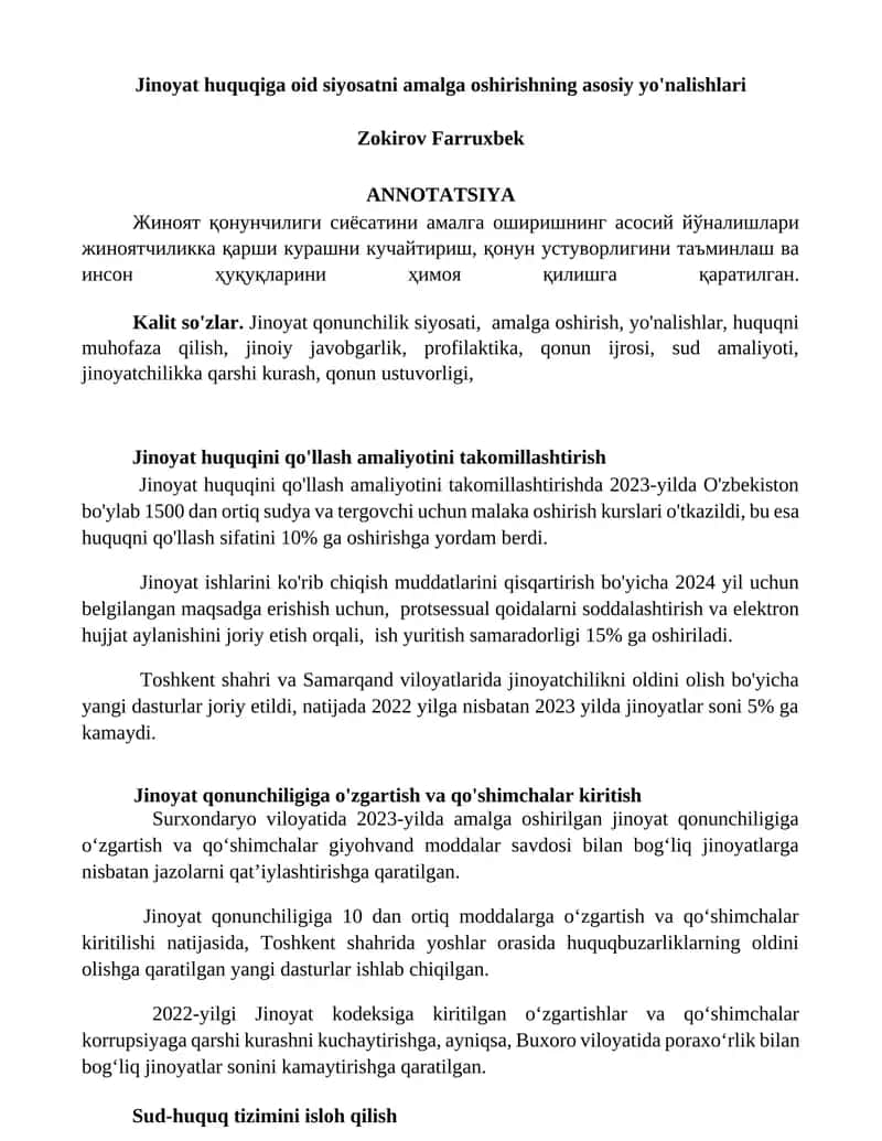 Jinoyat huquqiga oid siyosatni amalga oshirishning asosiy yo'nalishlari