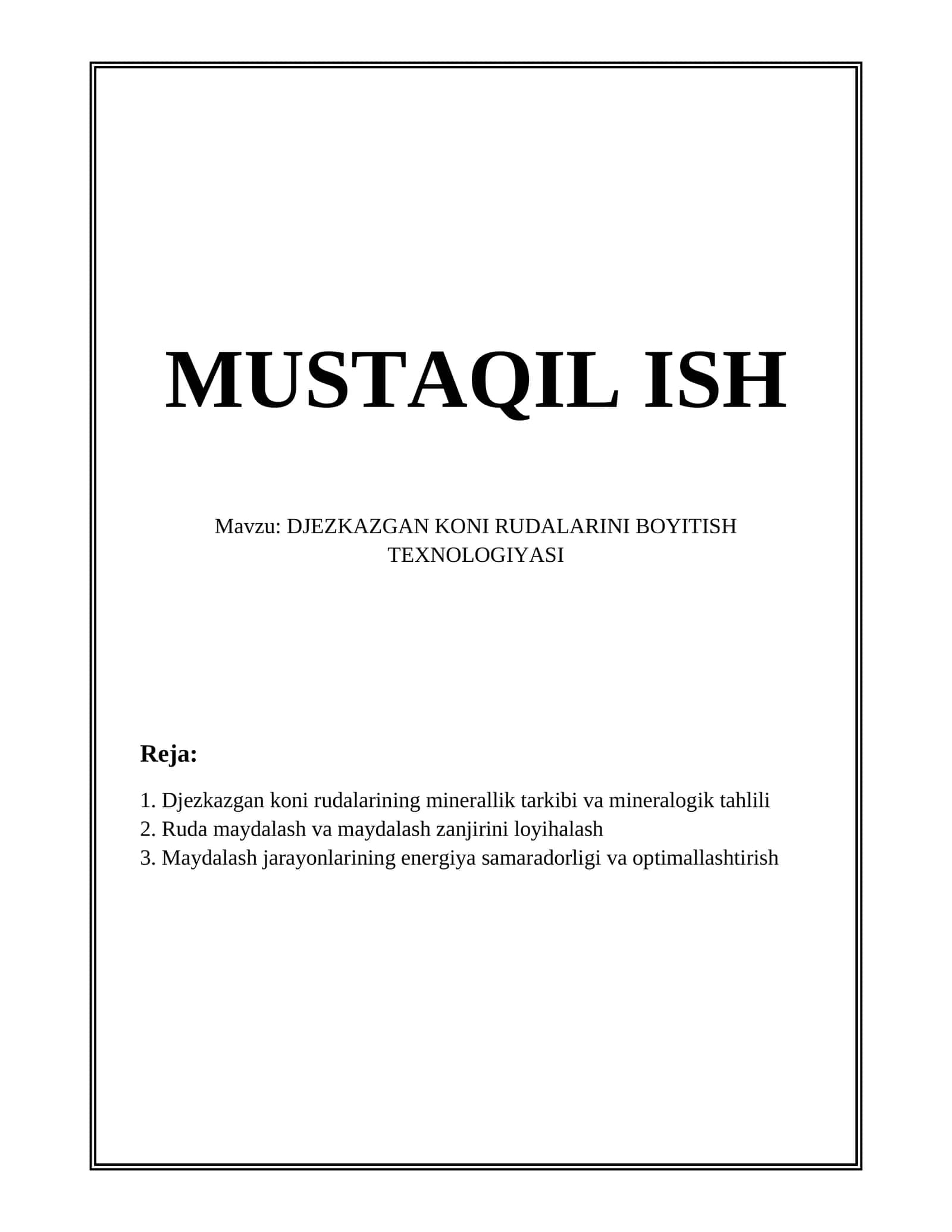 DJEZKAZGAN KONI RUDALARINI BOYITISH TEXNOLOGIYASI