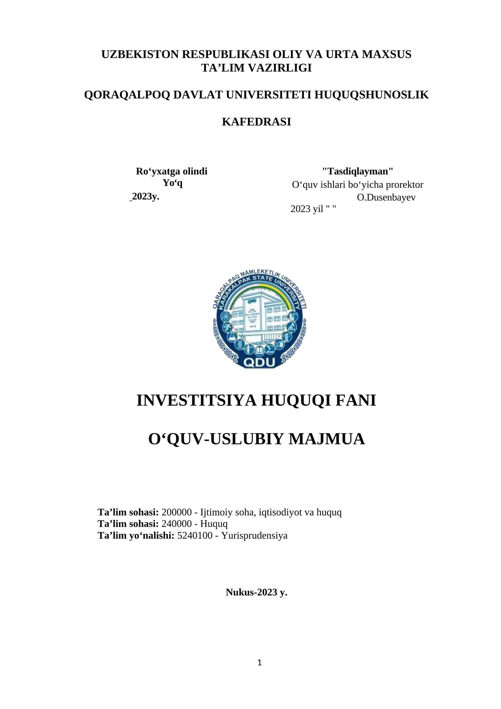 INVESTITSIYA HUQUQI FANI O‘QUV-USLUBIY MAJMUA