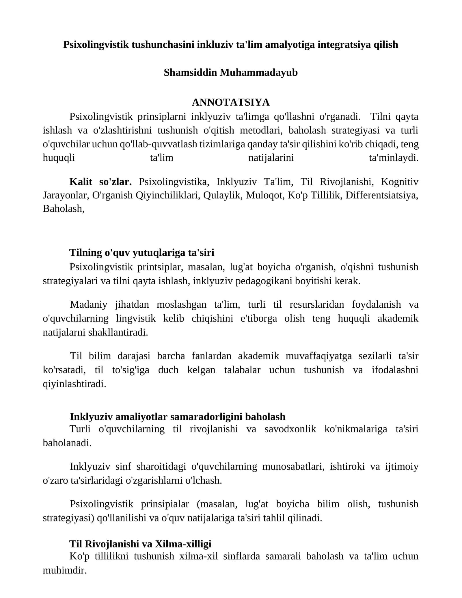 Psixolingvistik tushunchasini inkluziv ta'lim amalyotiga integratsiya qilish