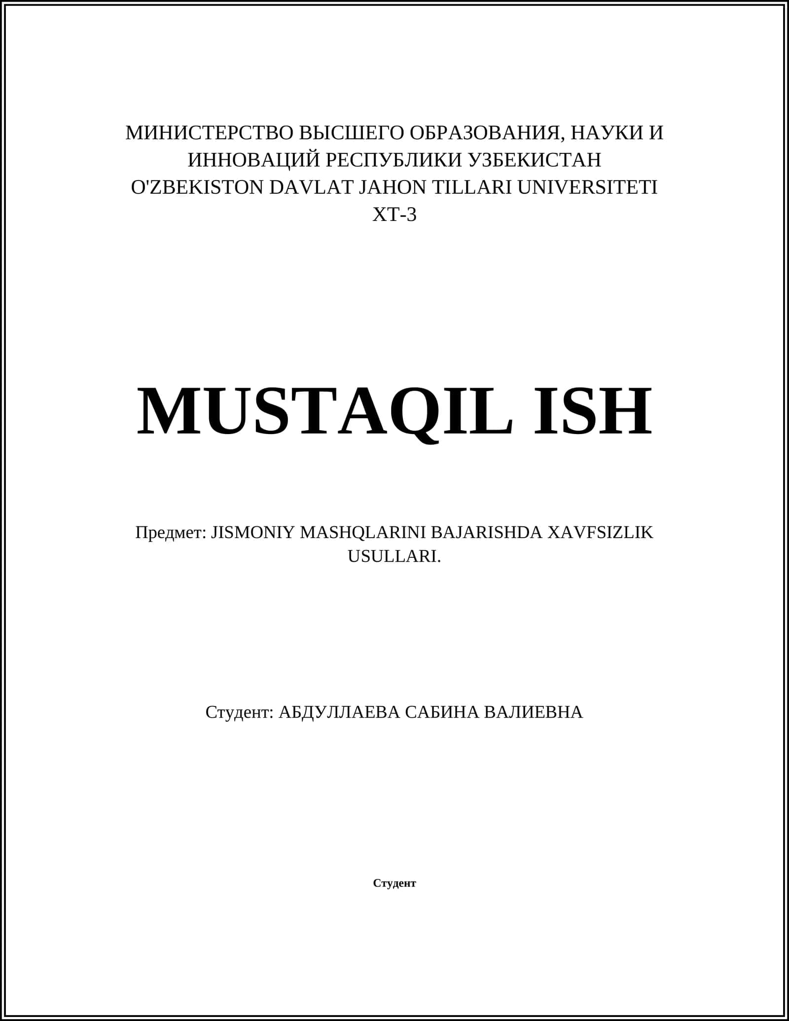 JISMONIY MASHQLARINI BAJARISHDA XAVFSIZLIK USULLARI