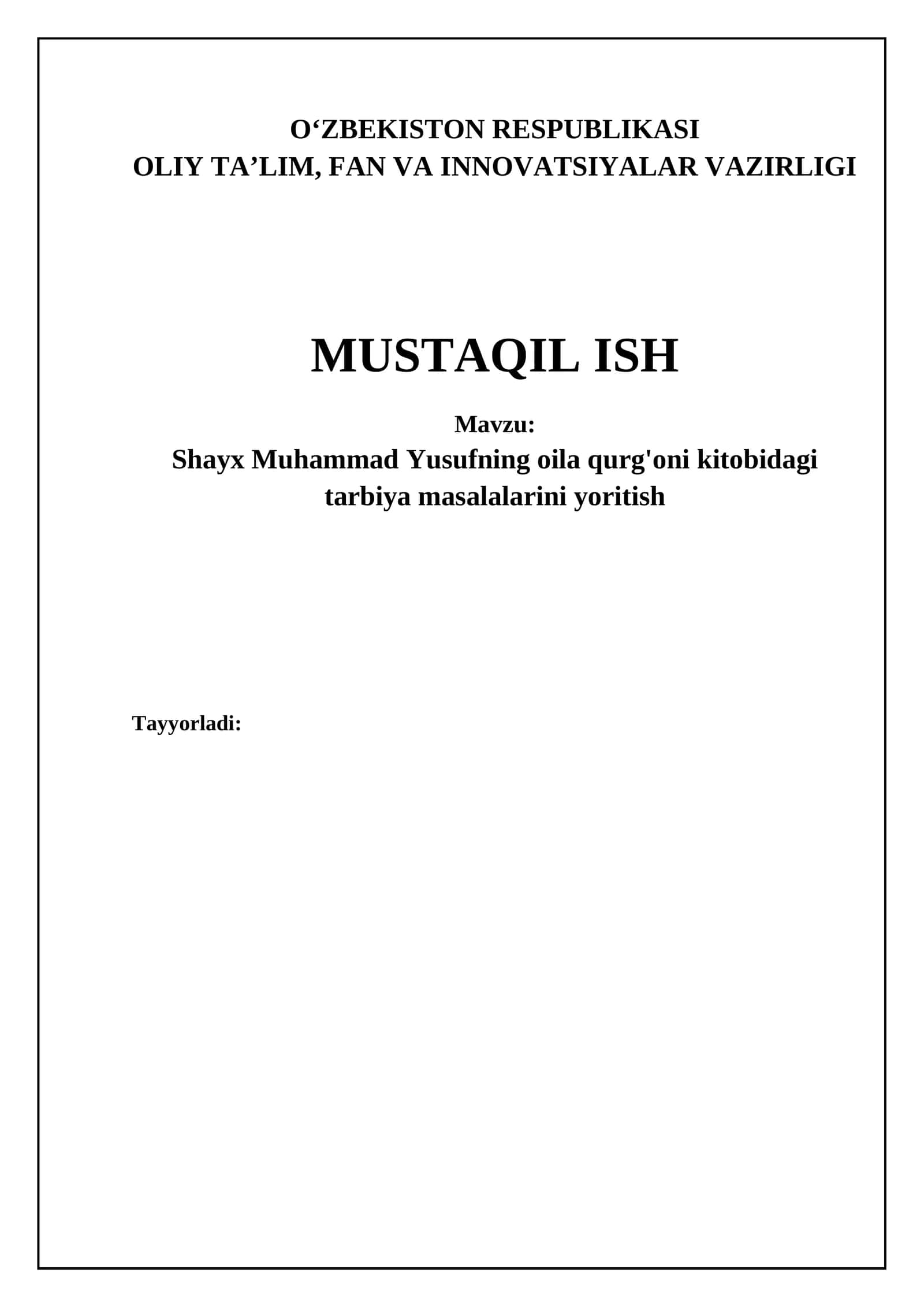 Shayx Muhammad Yusufning oila qurg'oni kitobidagi tarbiya masalalarini yoritish