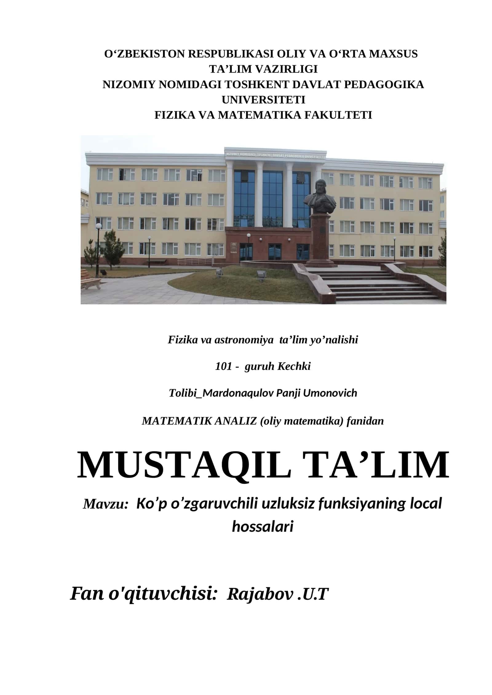 Ko’p o’zgaruvchili uzluksiz funksiyaning local hossalari