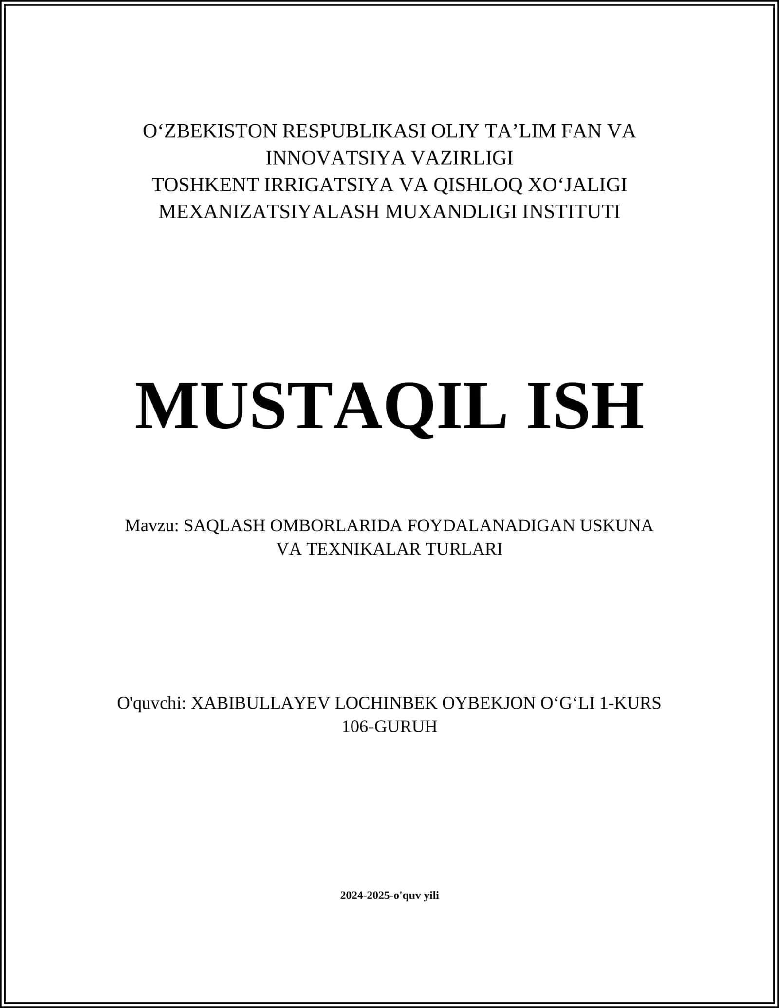SAQLASH OMBORLARIDA FOYDALANADIGAN USKUNA VA TEXNIKALAR TURLARI