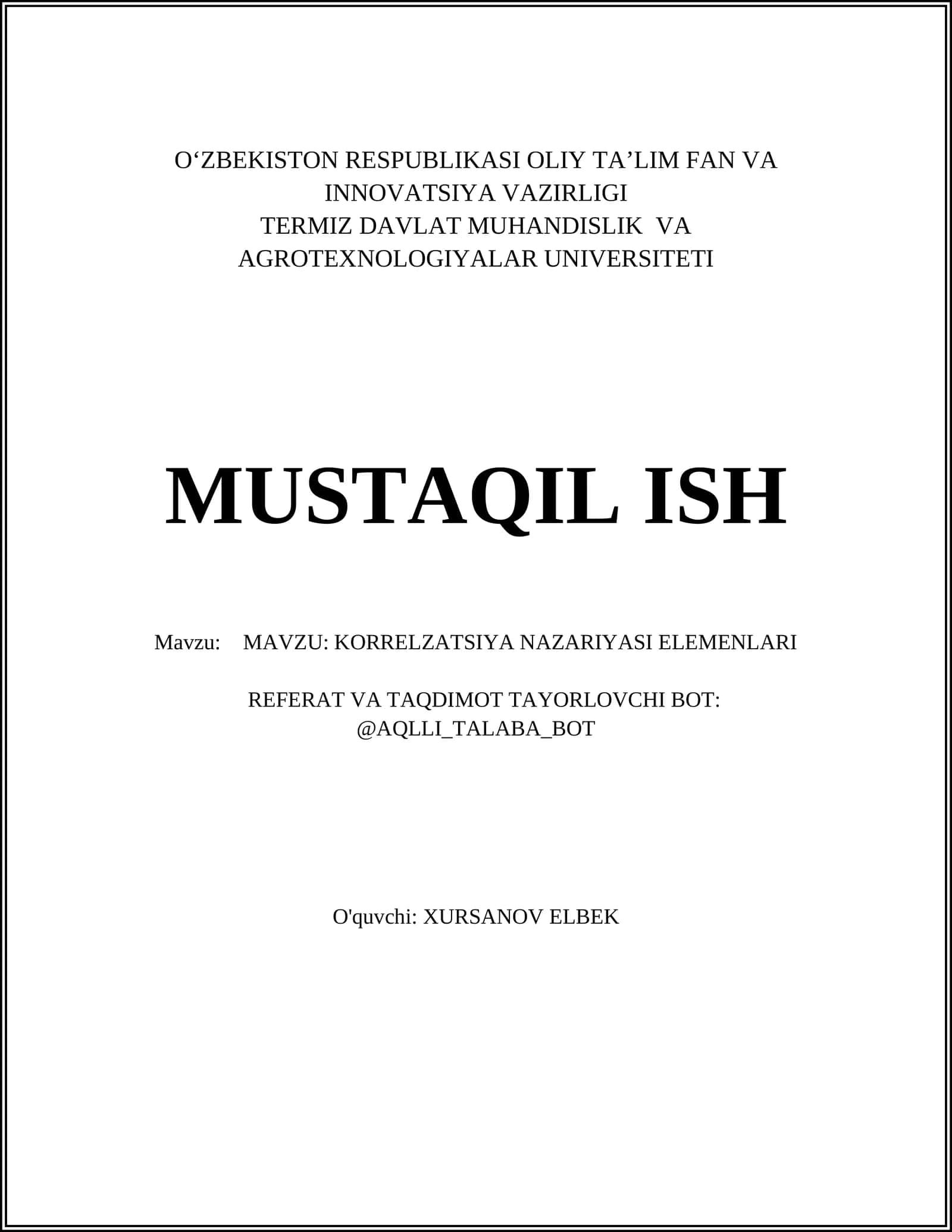 KORRELZATSIYA NAZARIYASI ELEMENLARI