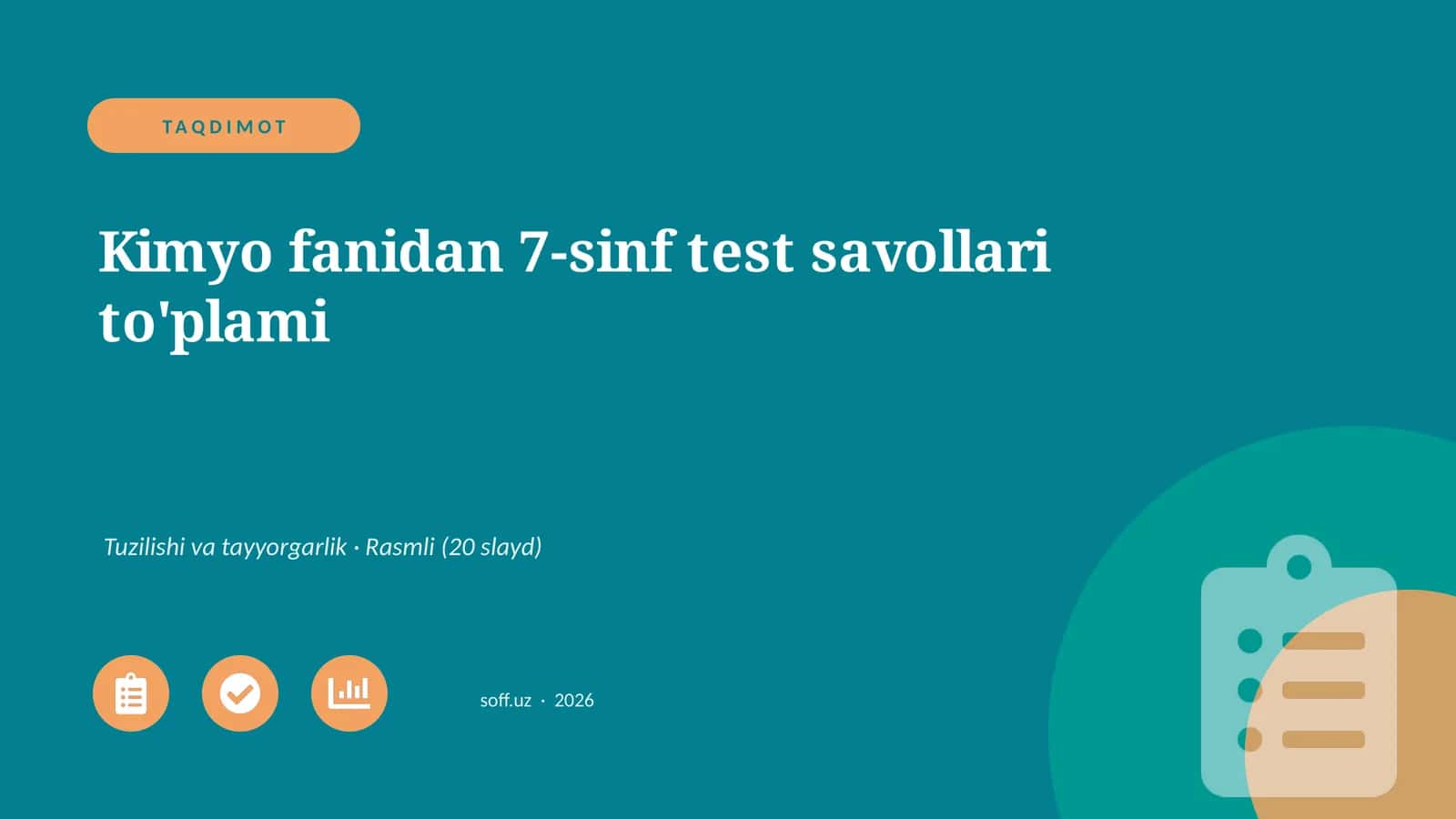Kimyo fanidan 7-sinf test savollari to'plami