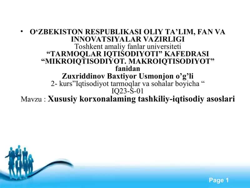 Xususiy korxonalaming tashkiliy-iqtisodiy asoslari