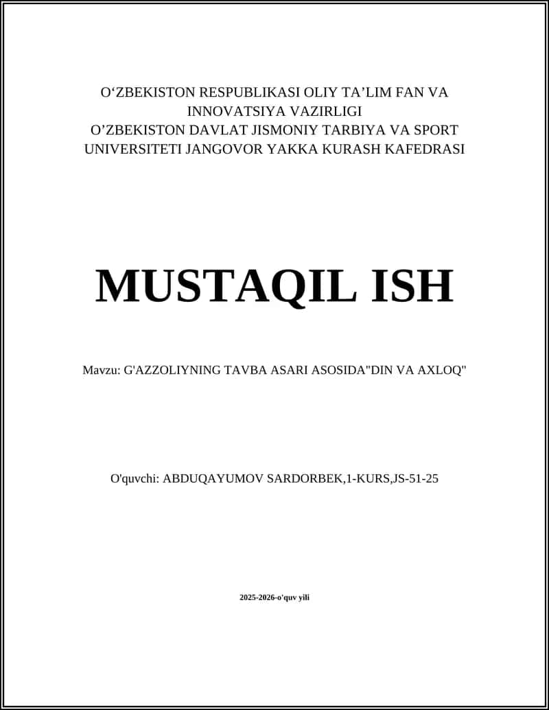 G'azzoliyning Tavba Asari Asosida "Din va Axloq"