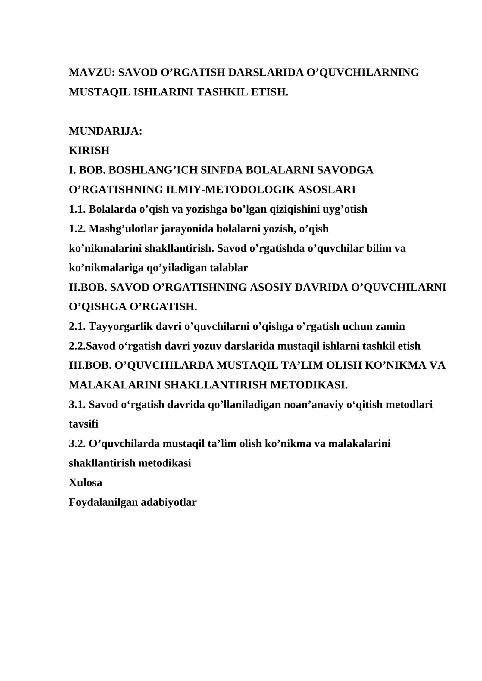SAVOD O’RGATISH DARSLARIDA O’QUVCHILARNING MUSTAQIL ISHLARINI TASHKIL ETISH