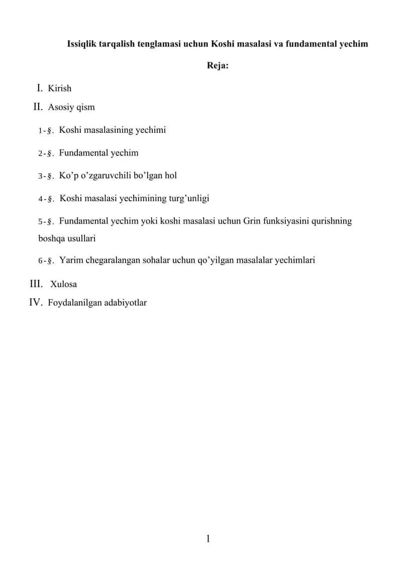 Issiqlik tarqalish tenglamasi uchun Koshi masalasi va fundamental yechim