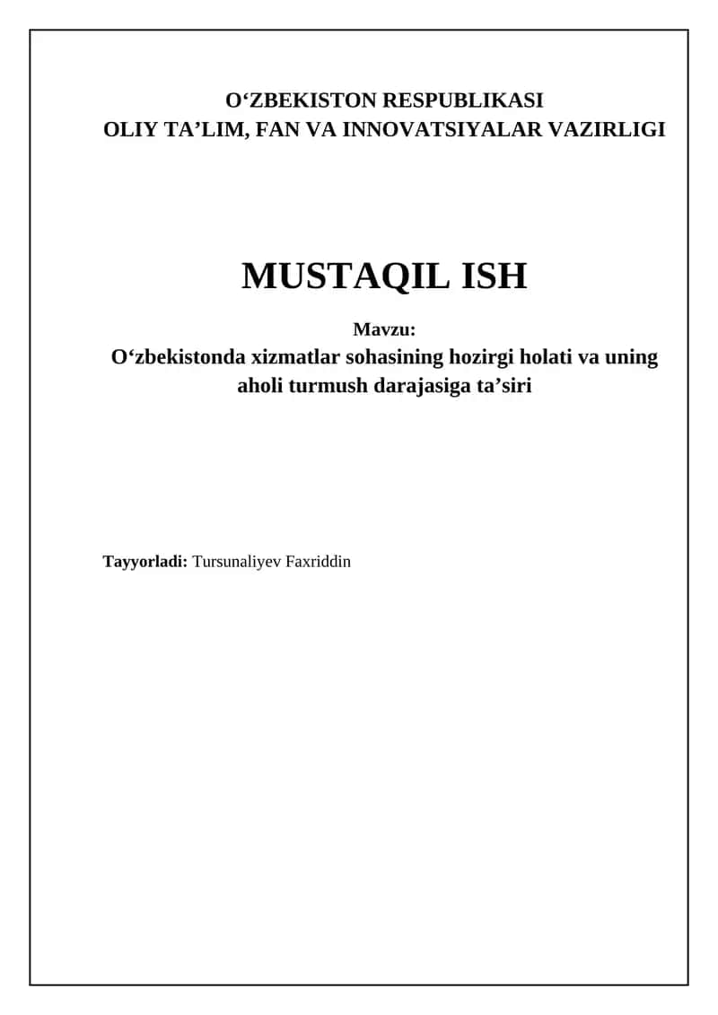 O‘zbekistonda xizmatlar sohasining hozirgi holati va uning aholi turmush darajasiga ta’siri