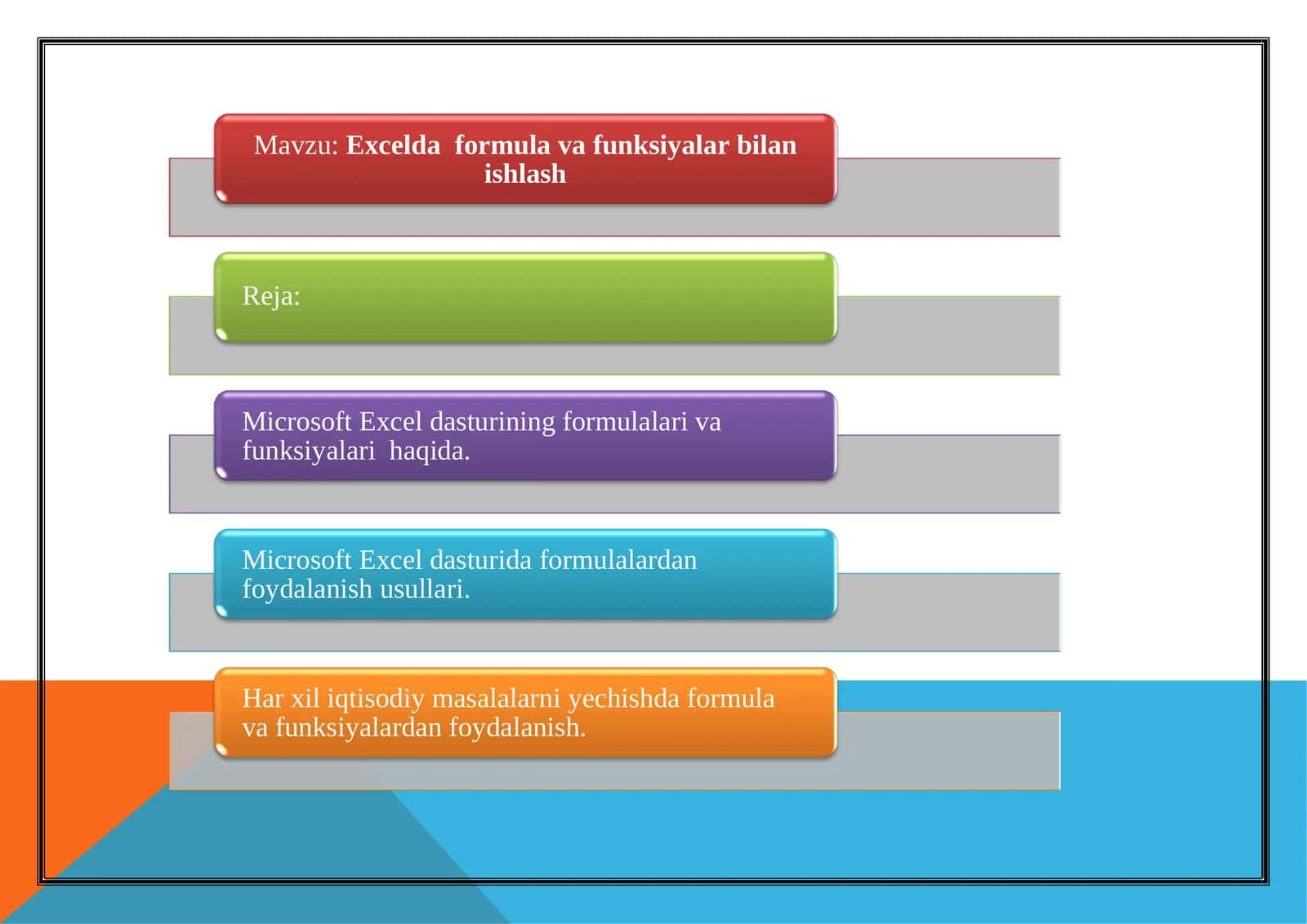 Excelda formulava funksiyalarbilan ishlash