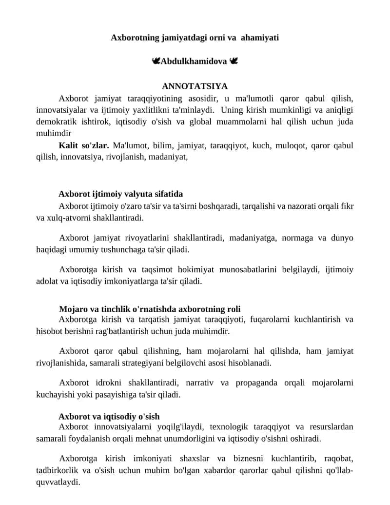 Axborotning jamiyatdagi orni va ahamiyati