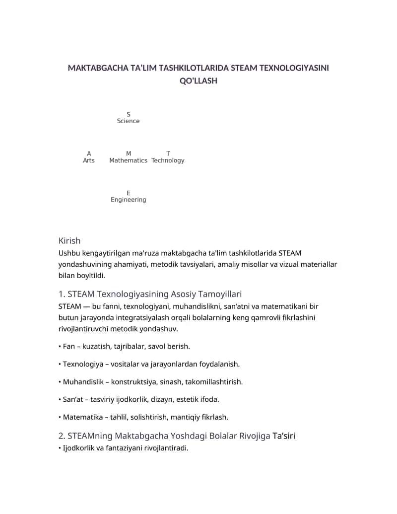 MAKTABGACHA TA'LIM TASHKILOTLARIDA STEAM TEXNOLOGIYASINI QO'LLASH