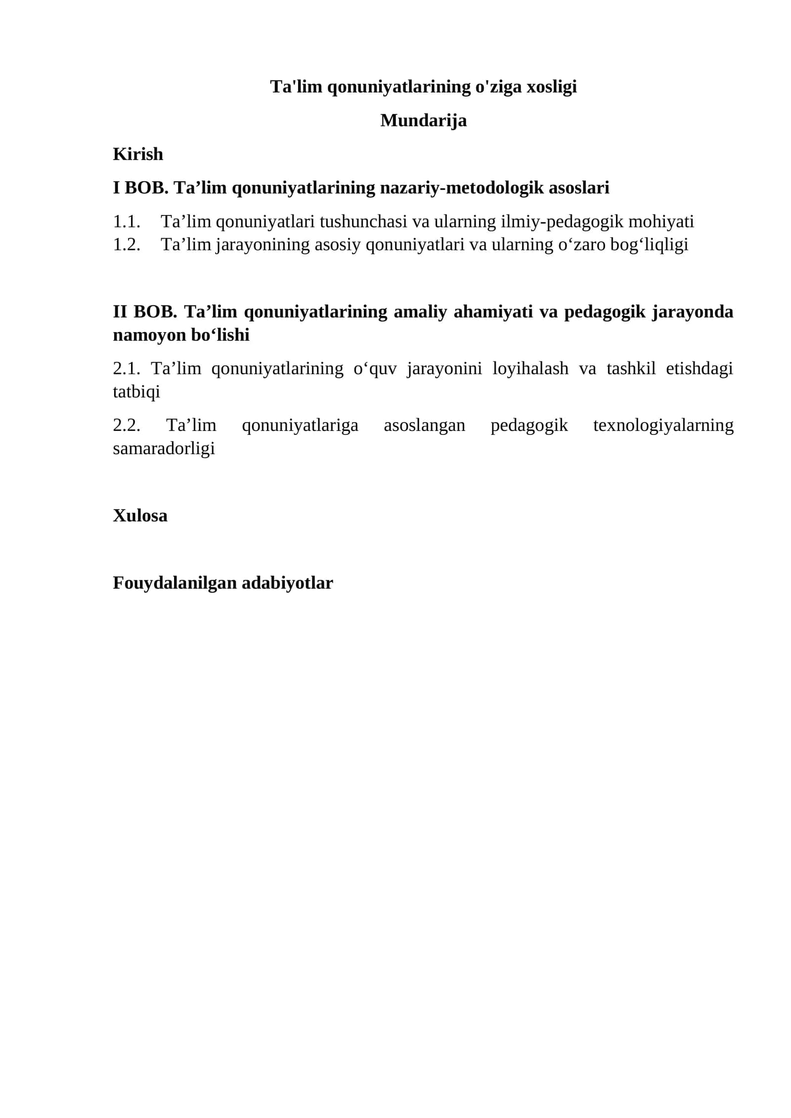 Ta'lim qonuniyatlarining o'ziga xosligi