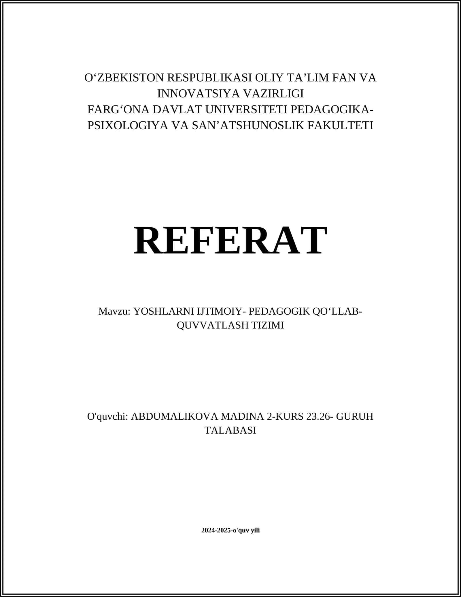 YOSHLARNI IJTIMOIY- PEDAGOGIK QOʻLLAB- QUVVATLASH TIZIMI