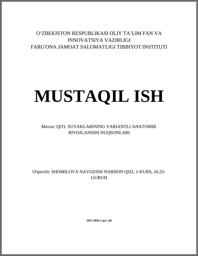 QO'L SUYAKLARINING VARIANTLI ANATOMIK RIVOJLANISHI NUQSONLARI