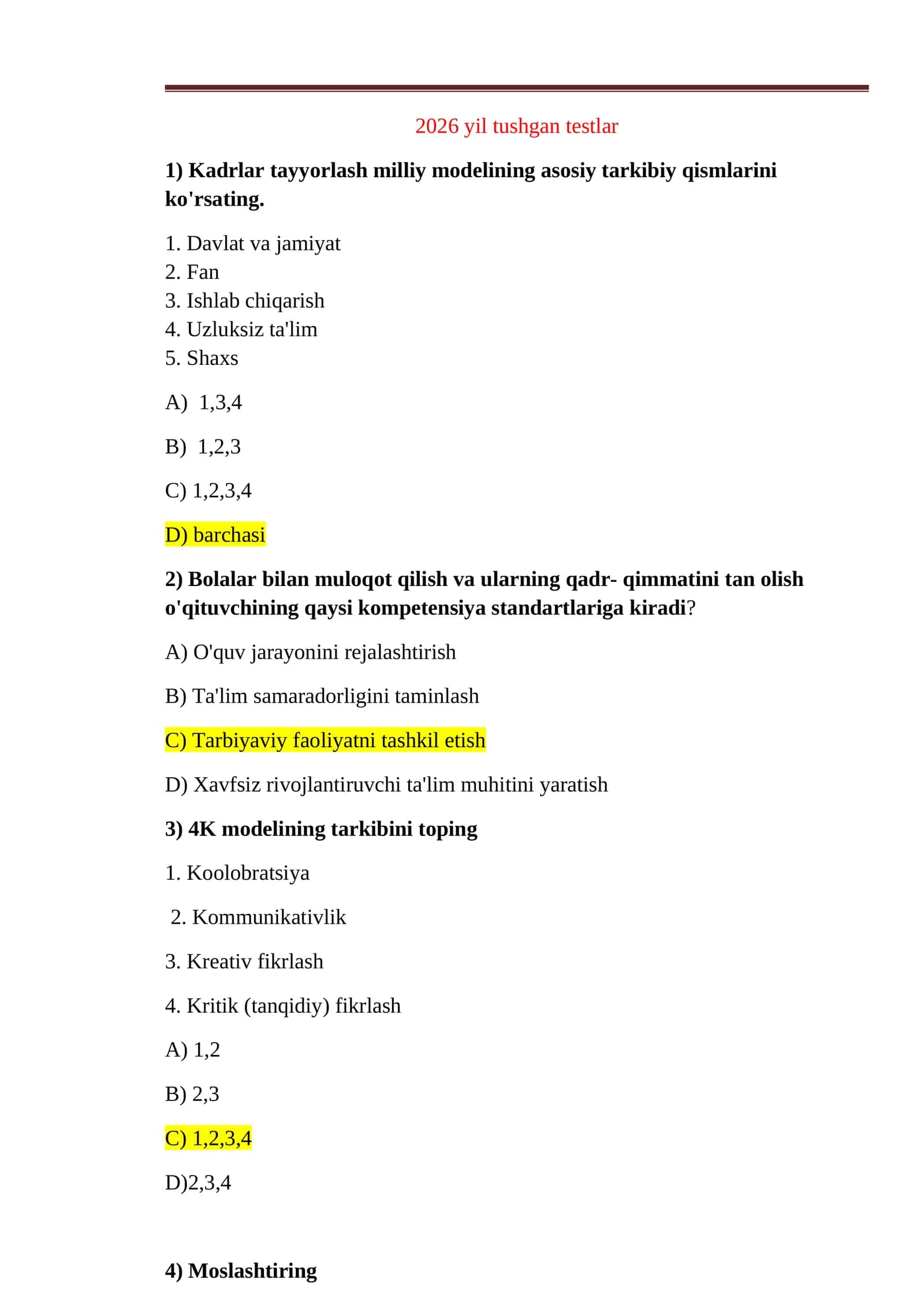 2026 yil attestatsiyaga toyfaga tushgan pedagogik mahoratdan testlar