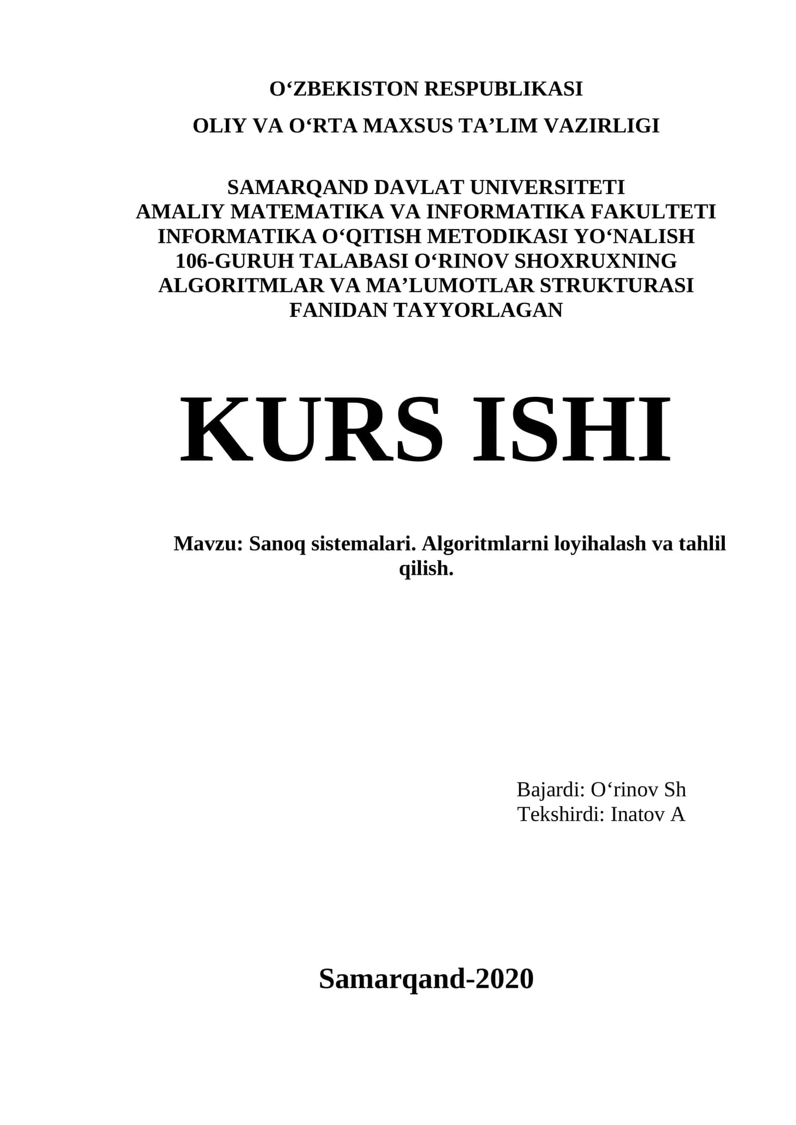 Sanoq sistemalari. Algoritmlarni loyihalash va tahlil qilish