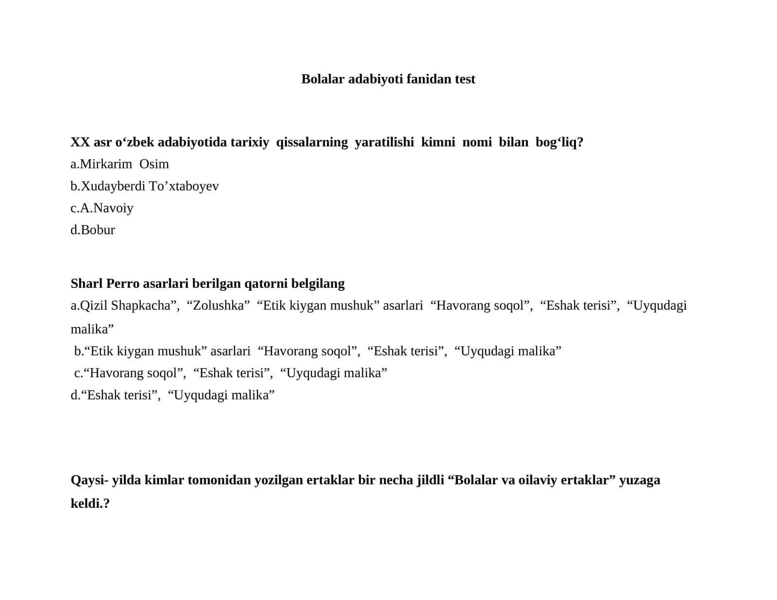 Bolalar adabiyoti fanidan test