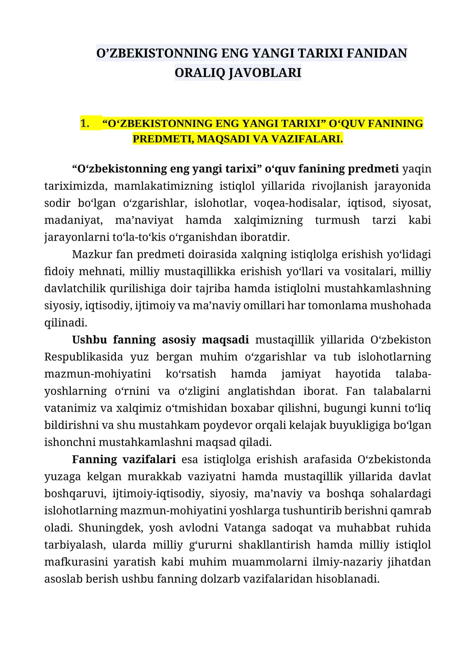 O'zbekistonning eng yangi tarixi fanidan oraliq nazorati javoblari