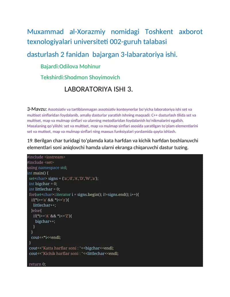 Assotsiativ va tartiblanmagan assotsiativ konteynerlar bo’yicha laboratoriya ishi