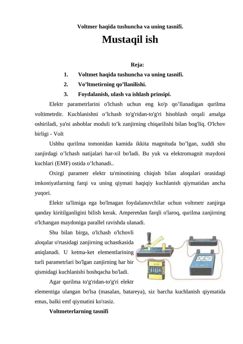 Voltmetr haqida tushuncha va uning tasnifi