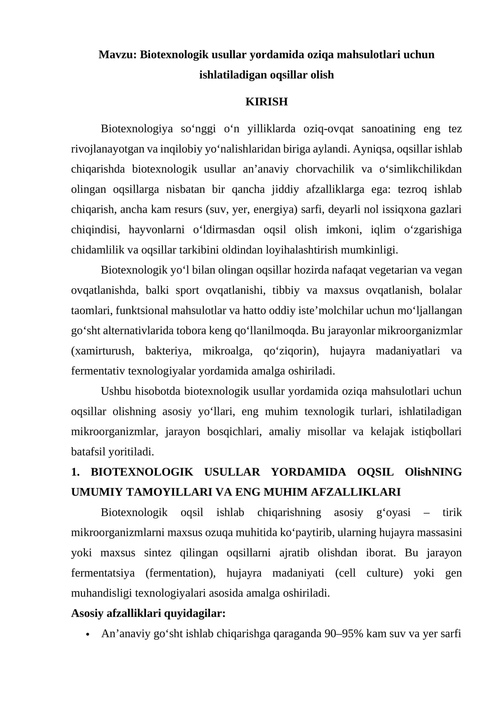 Biotexnologik usullar yordamida oziqa mahsulotlari uchun ishlatiladigan oqsillar olish