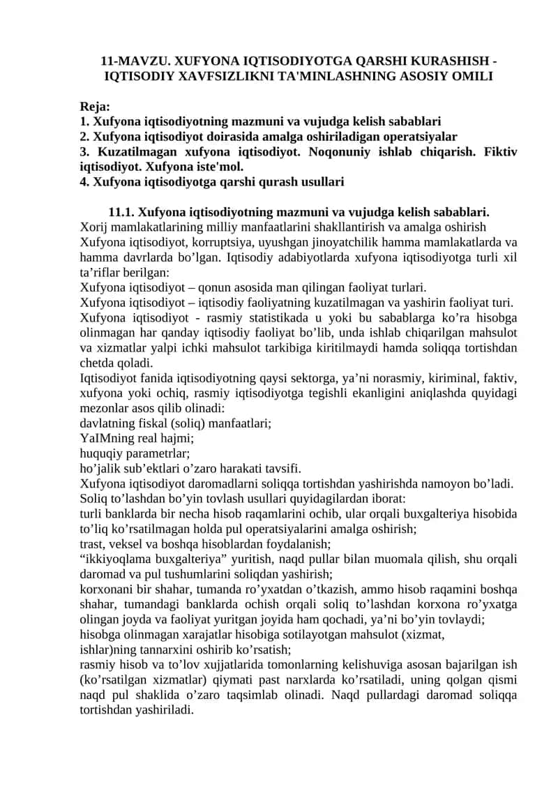 Xufyona iqtisodiyotga qarshi kurashish - iqtisodiy xavfsizlikni ta'minlashning asosiy omili