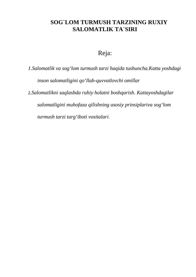 SOG`LOM TURMUSH TARZINING RUXIY SALOMATLIK TA`SIRI