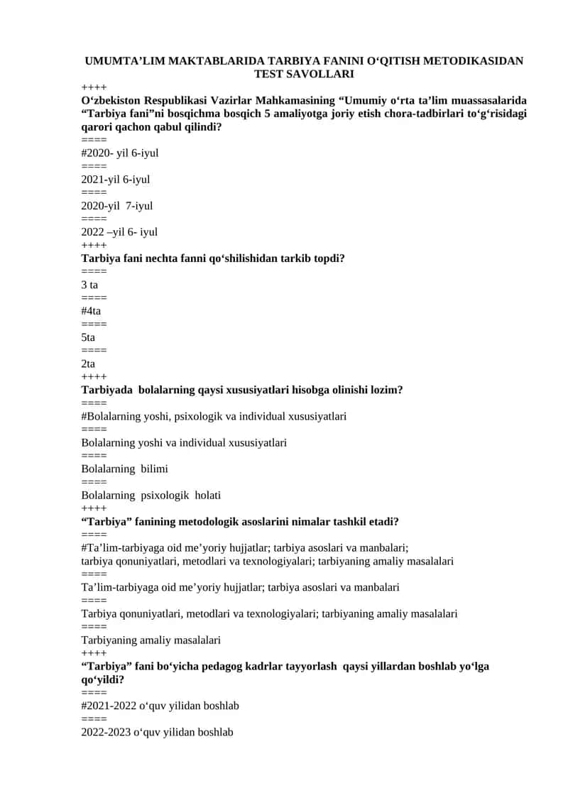 UMUMTA’LIM MAKTABLARIDA TARBIYA FANINI O‘QITISH METODIKASIDAN TEST SAVOLLARI