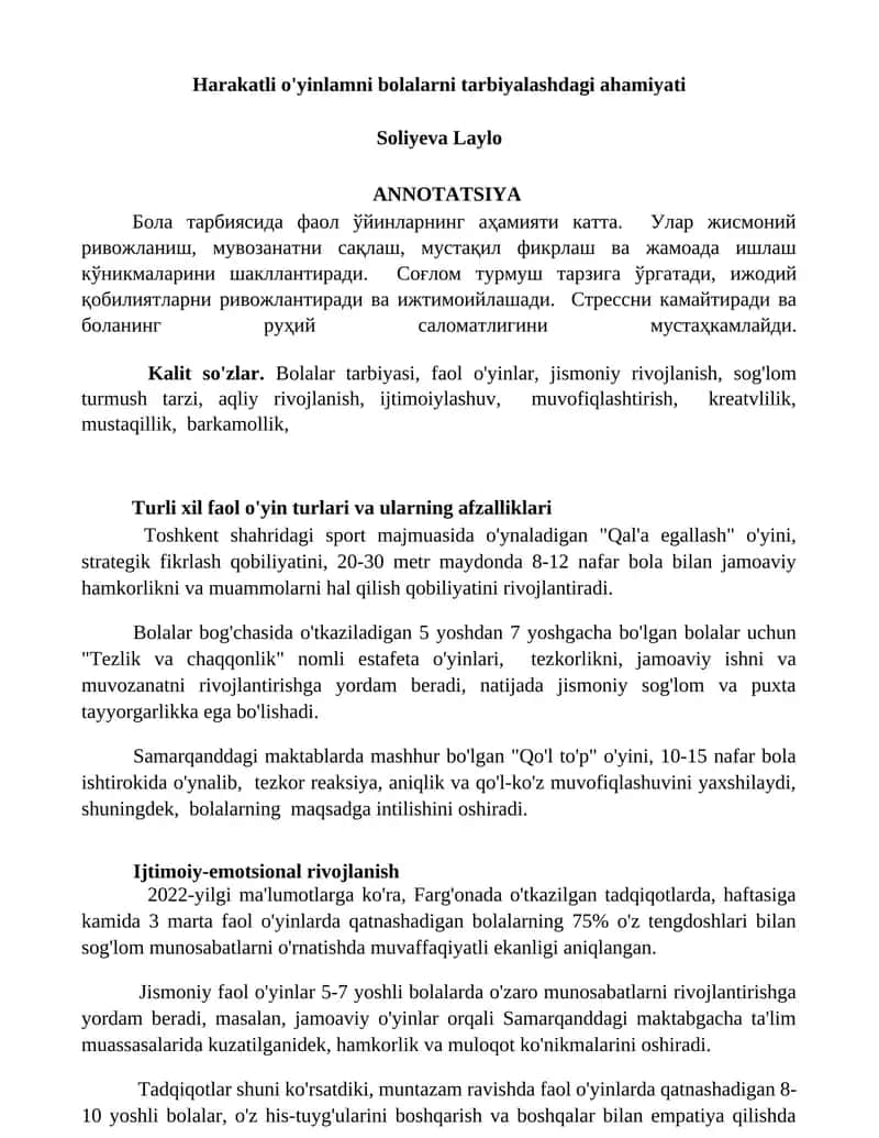 Faol o'yinlar va bolani tarbiyalash