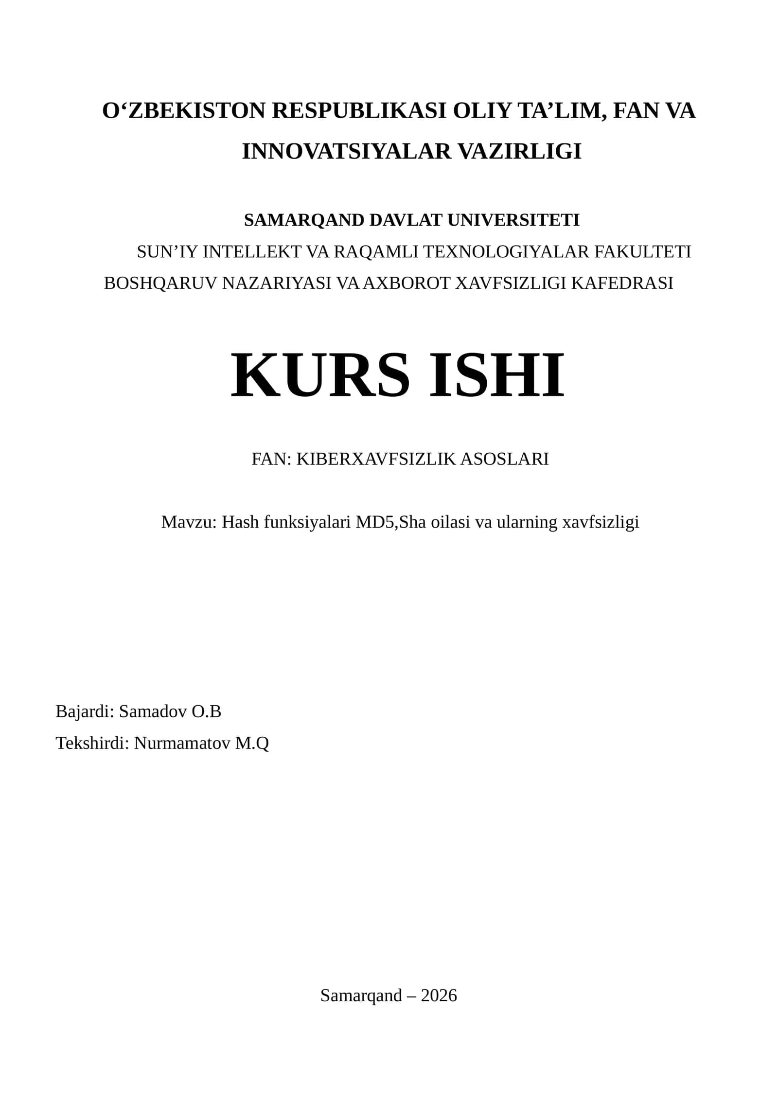 Hash funksiyalari MD5,Sha oilasi va ularning xavfsizligi