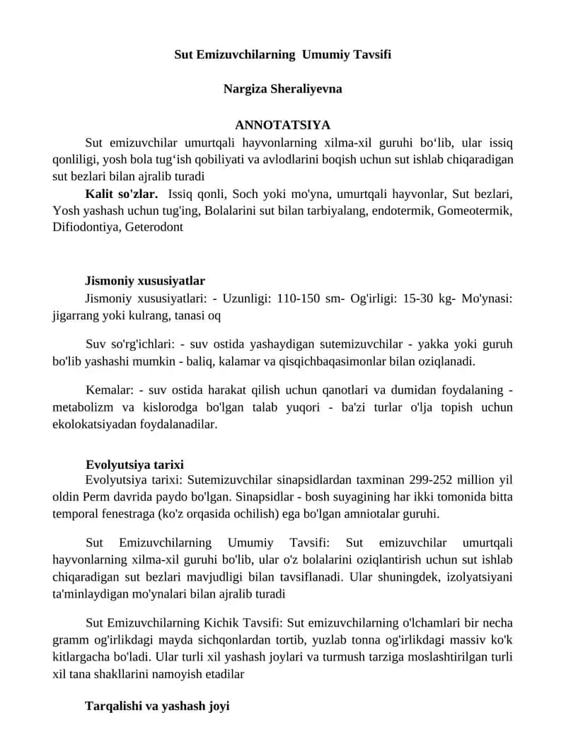 Sut Emizuvchilarning Umumiy Tavsifi