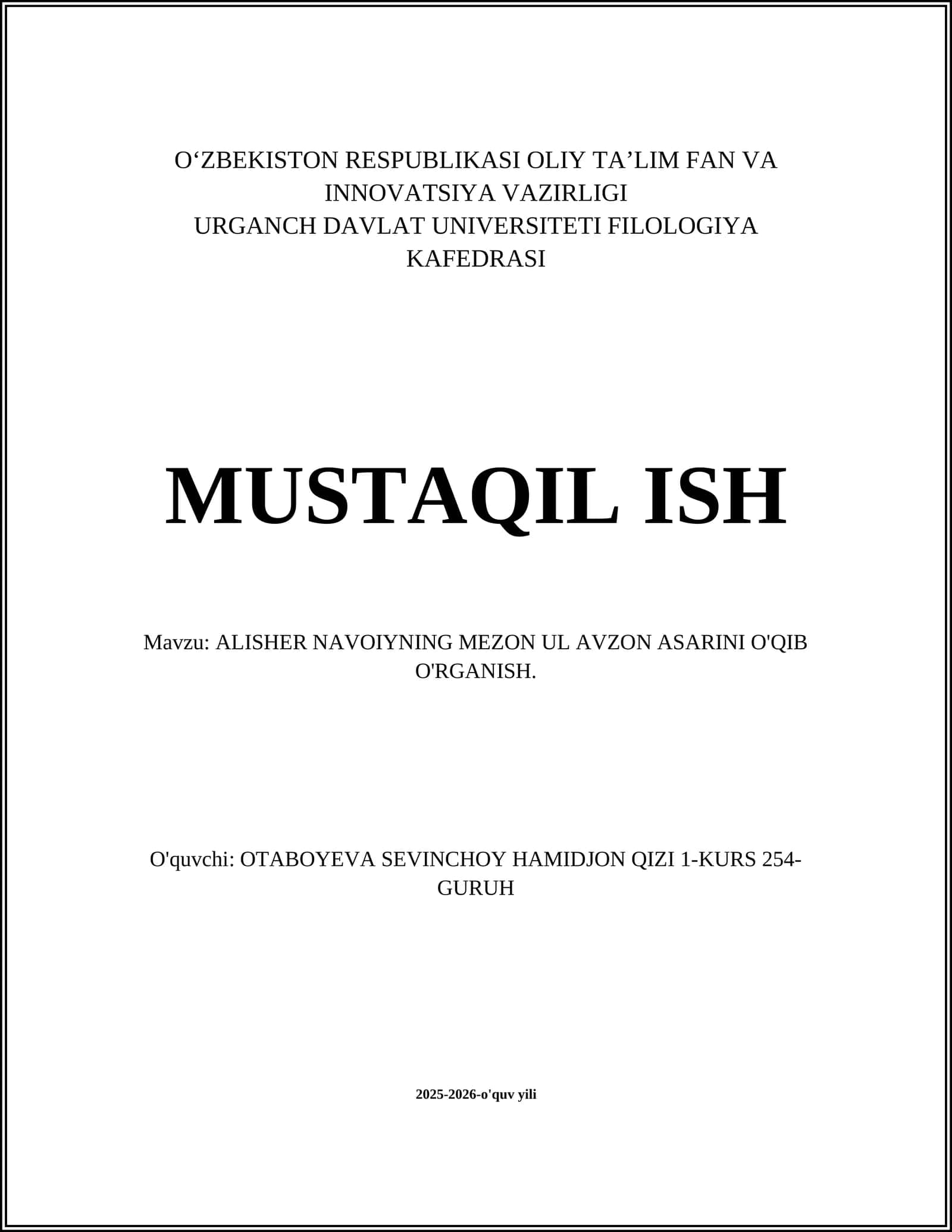 ALISHER NAVOIYNING MEZON UL AVZON ASARINI O'QIB O'RGANISH
