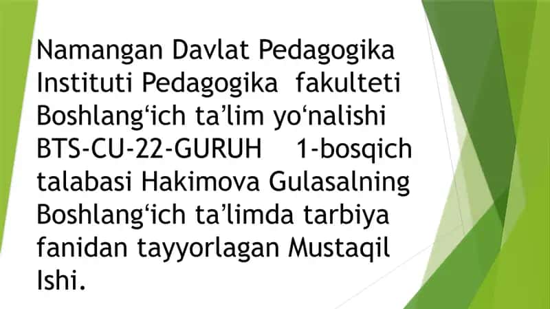 Boshlangʻich Taʼlimda Tarbiya Fanidan Mustaqil Ish