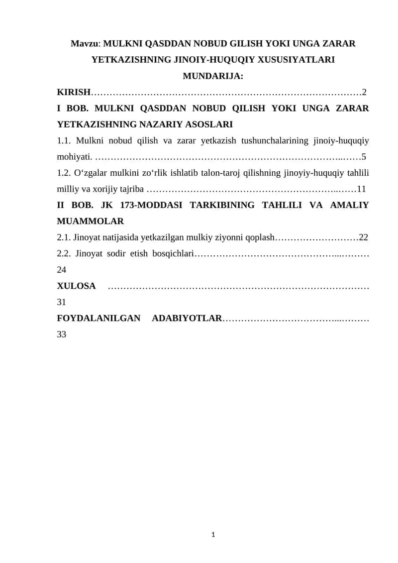 MULKNI QASDDAN NOBUD GILISH YOKI UNGA ZARAR YETKAZISHNING JINOIY-HUQUQIY XUSUSIYATLARI