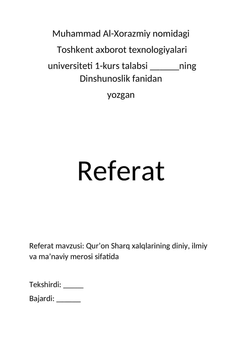 Dinshunoslik fanidan referat