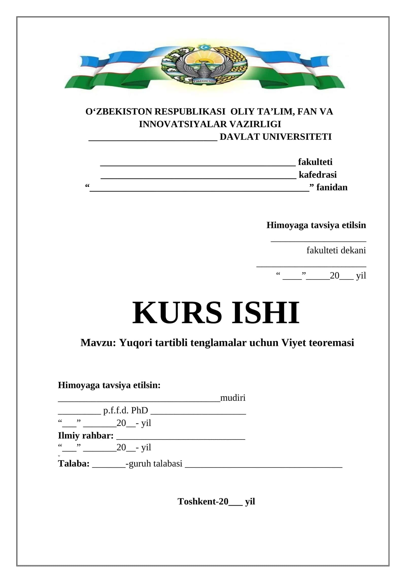 Yuqori tartibli tenglamalar uchun Viyet teoremasi