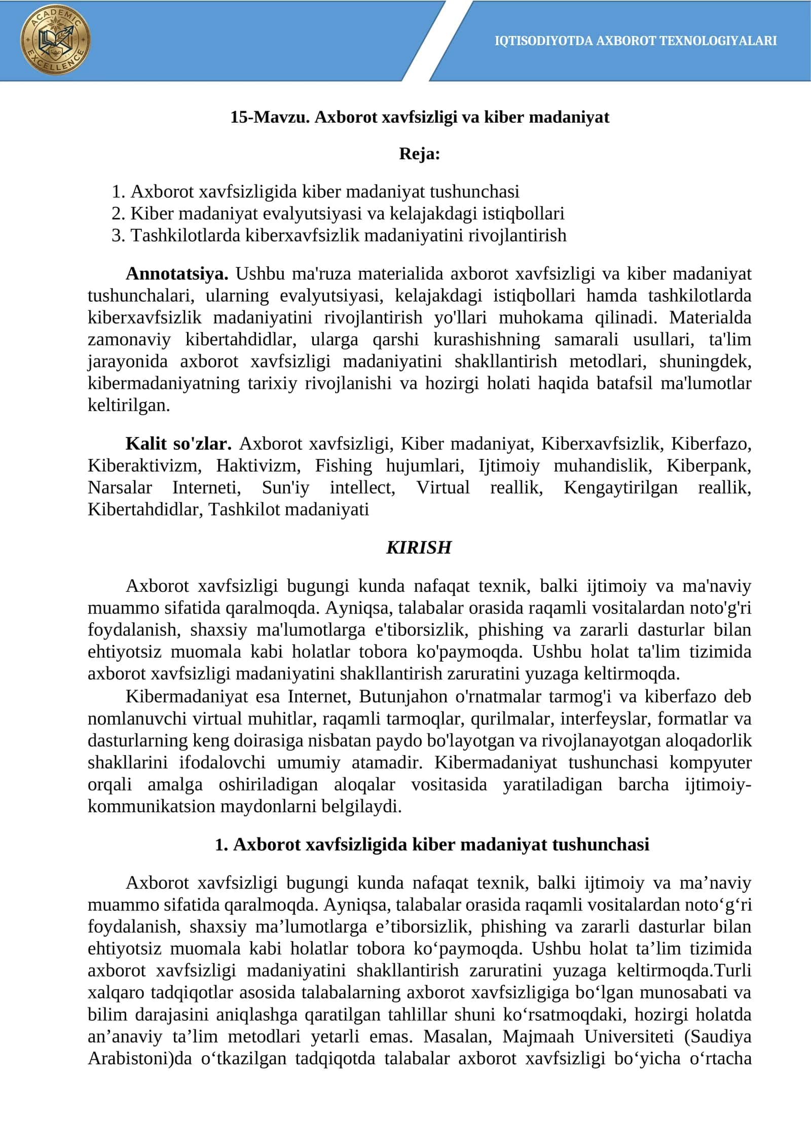 Axborot xavfsizligi va kiber madaniyat
