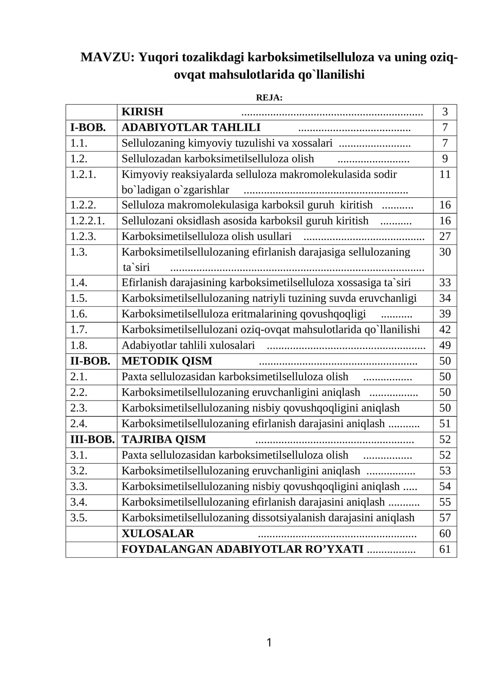Yuqori tozalikdagi karboksimetilselluloza va uning oziq-ovqat mahsulotlarida qo`llanilishi