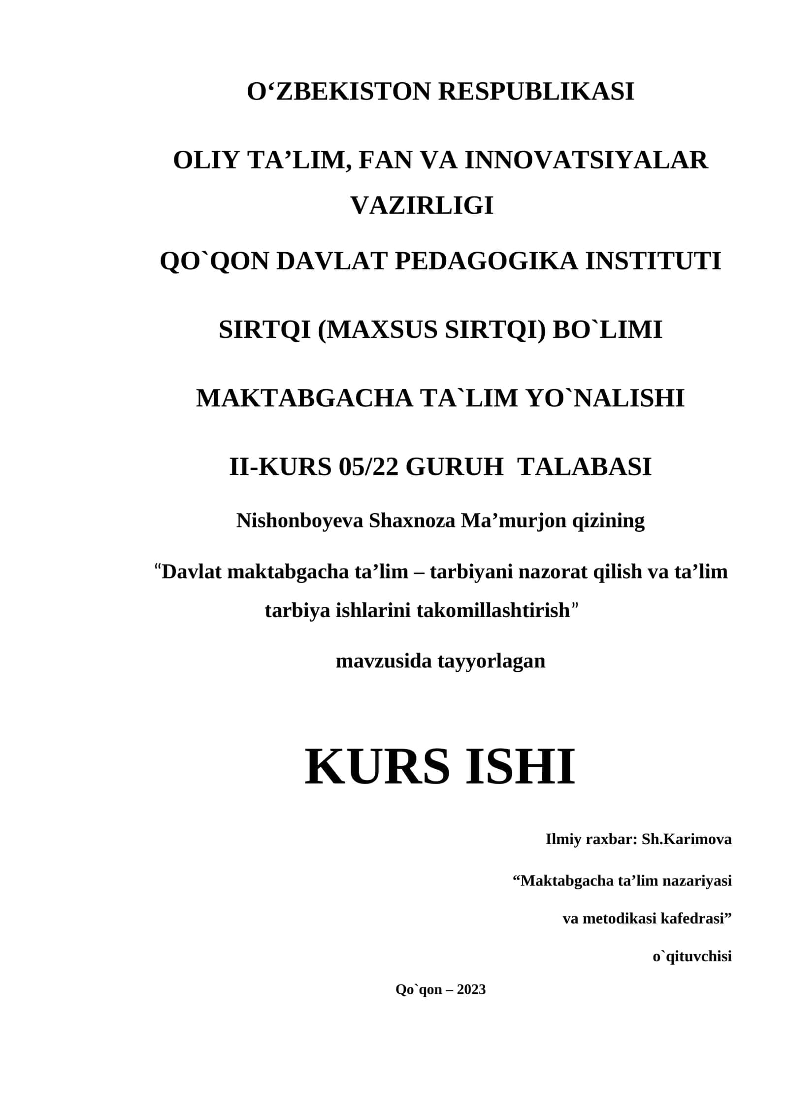 “Davlat maktabgacha ta’lim – tarbiyani nazorat qilish va ta’lim tarbiya ishlarini takomillashtirish” KURS ISHI